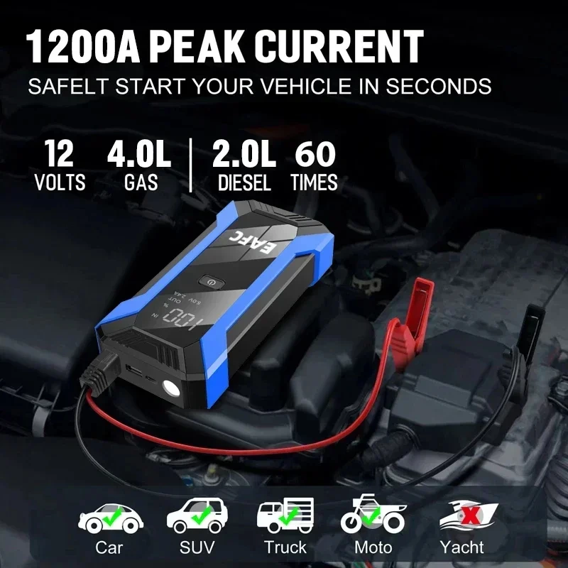 Car Jump Starter Power Bank 2000A Portable 12V Battery Booster